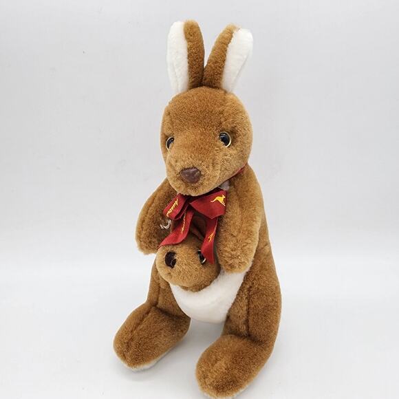 Toyhut Kangaroo Mother Joey Pouch Plush 10" Satin Bow Brown Stuffed Uni Toys - Picture 1 of 9